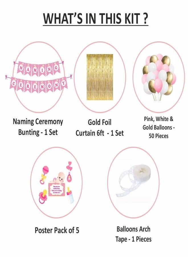 Untumble Pink Baby Girl Naming Ceremony Decorations Kit With Banner, Golden Foil Curtain & Balloons | Pack of 42 - Image 2